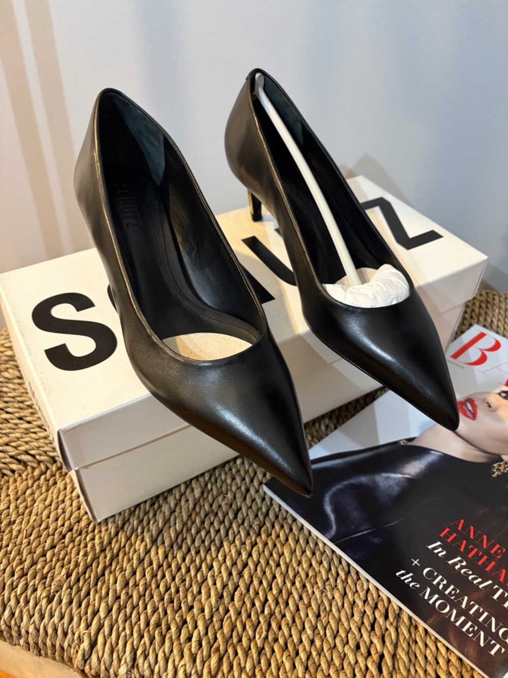 Schutz Lou Mid Curve Black Leather Pumps with Gold Accent Heel